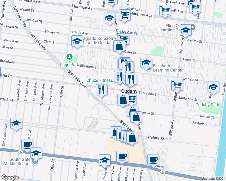 map of restaurants, bars, coffee shops, grocery stores, and more near 4546 Santa Ana Street in Cudahy