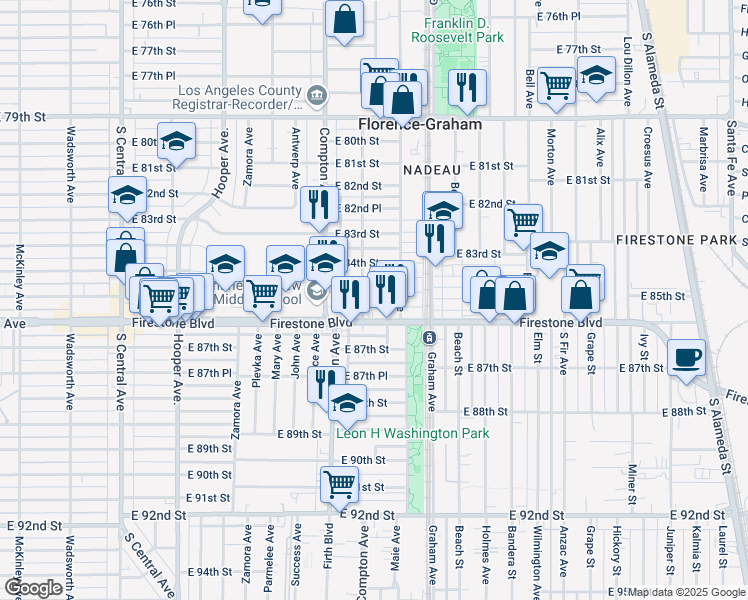 map of restaurants, bars, coffee shops, grocery stores, and more near 1635 East 85th Street in Los Angeles