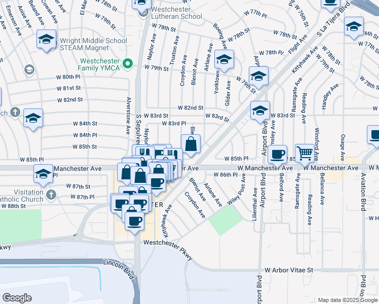map of restaurants, bars, coffee shops, grocery stores, and more near 8427 Bleriot Avenue in Los Angeles