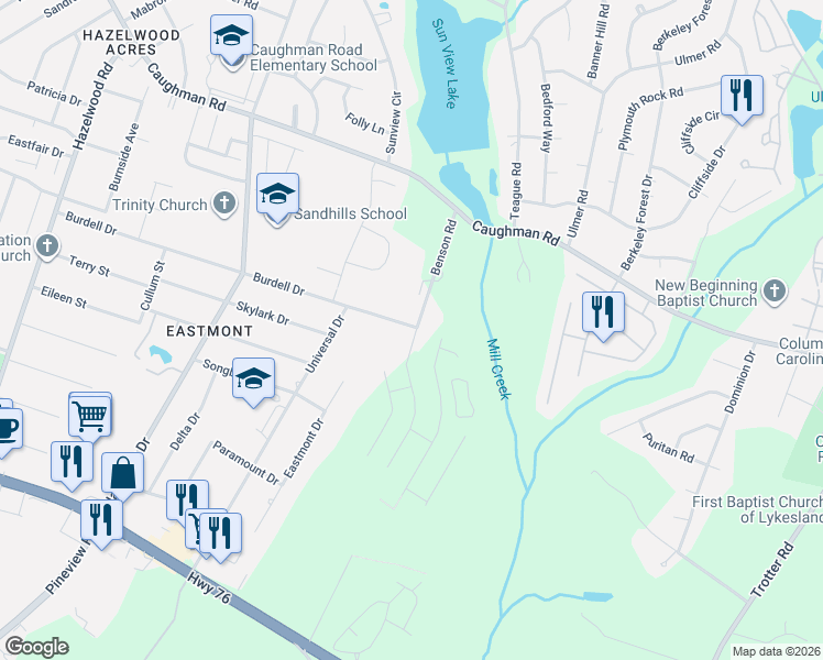 map of restaurants, bars, coffee shops, grocery stores, and more near 1501 Benson Road in Columbia
