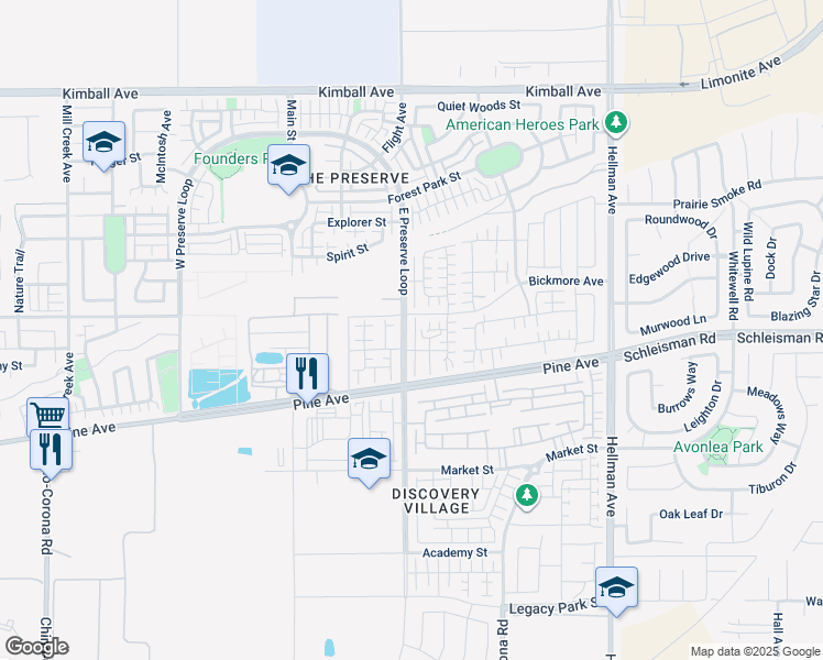 map of restaurants, bars, coffee shops, grocery stores, and more near 16131 East Preserve Loop in Chino