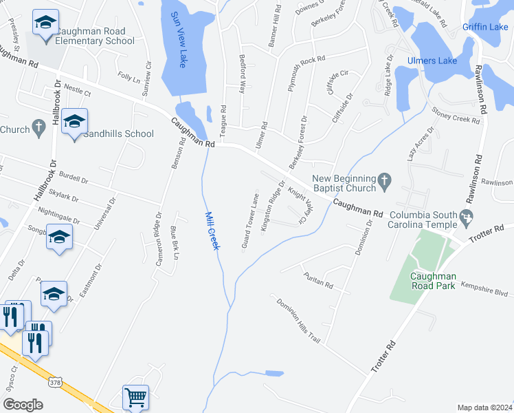 map of restaurants, bars, coffee shops, grocery stores, and more near 429 Guard Tower Lane in Columbia