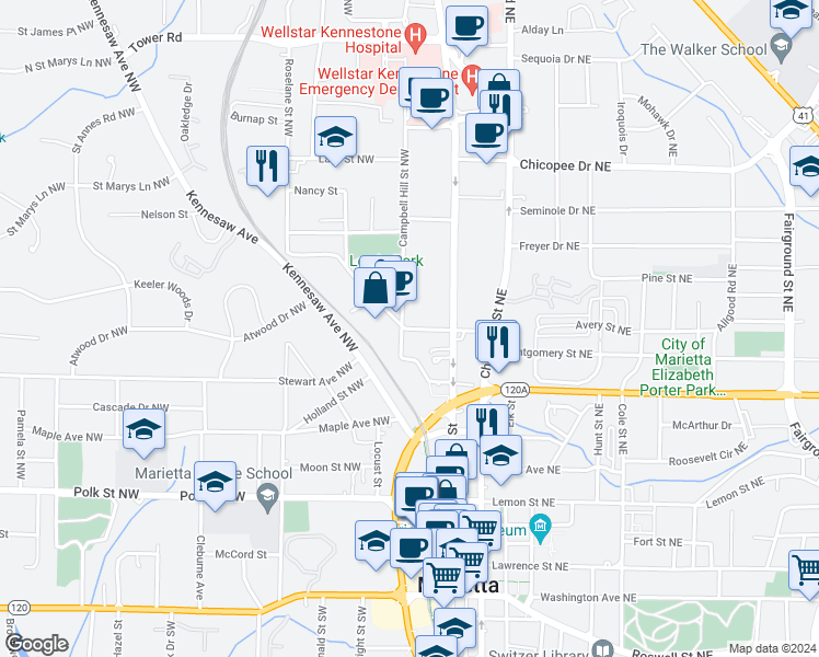 map of restaurants, bars, coffee shops, grocery stores, and more near 36 Sessions Street Northwest in Marietta