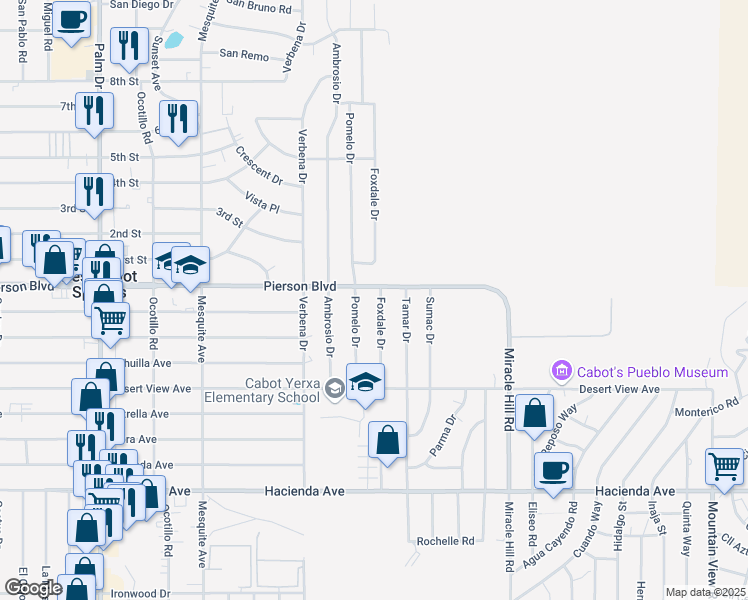 map of restaurants, bars, coffee shops, grocery stores, and more near 12055 Foxdale Drive in Desert Hot Springs