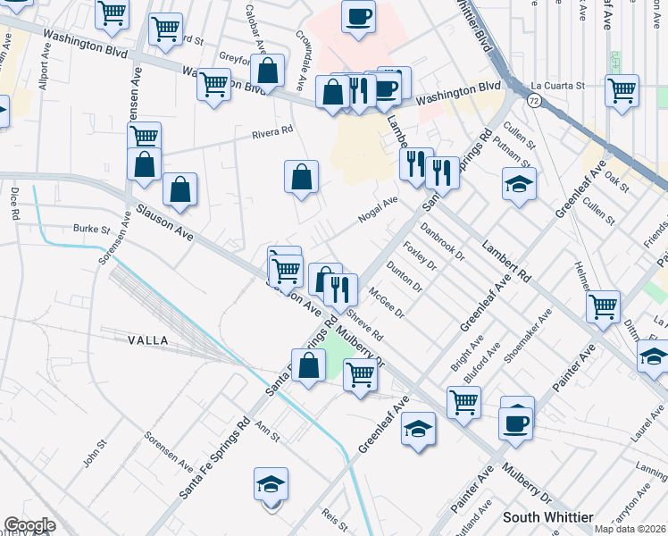 map of restaurants, bars, coffee shops, grocery stores, and more near 12536 McGee Drive in Whittier