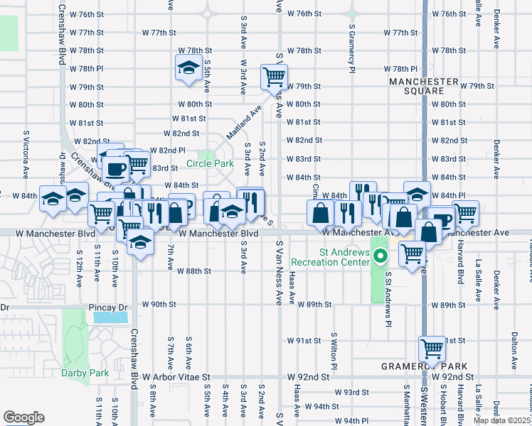 map of restaurants, bars, coffee shops, grocery stores, and more near 8406 1/2 South 2nd Avenue in Inglewood