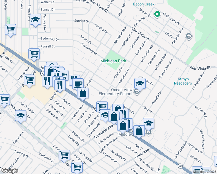 map of restaurants, bars, coffee shops, grocery stores, and more near 14080 2nd Street in Whittier
