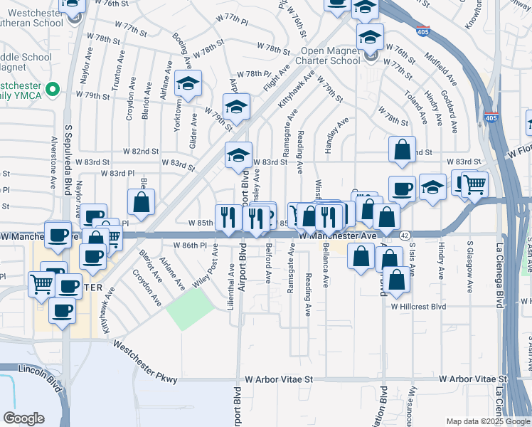 map of restaurants, bars, coffee shops, grocery stores, and more near 8505 Belford Avenue in Los Angeles