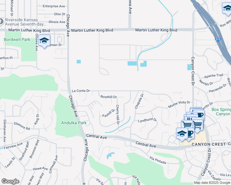 map of restaurants, bars, coffee shops, grocery stores, and more near 1380 Le Conte Drive in Riverside