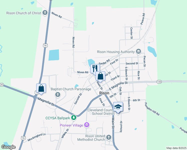 map of restaurants, bars, coffee shops, grocery stores, and more near 108 Main Street in Rison