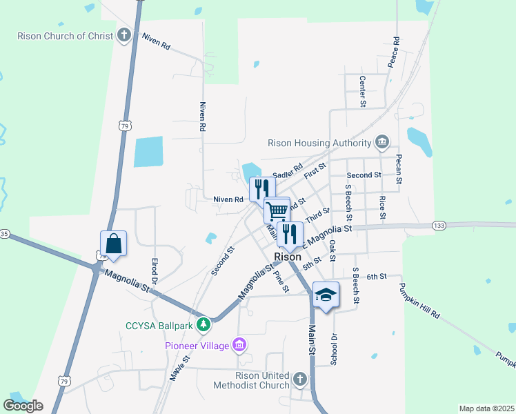 map of restaurants, bars, coffee shops, grocery stores, and more near 108 Main Street in Rison