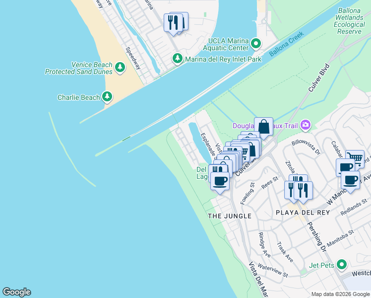 map of restaurants, bars, coffee shops, grocery stores, and more near 6407 Ocean Front Walk in Los Angeles