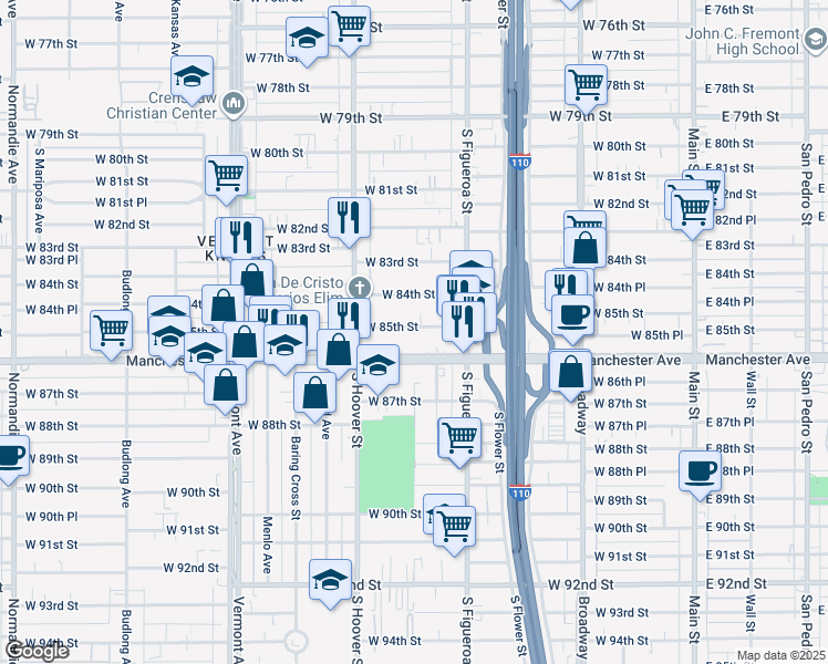 map of restaurants, bars, coffee shops, grocery stores, and more near 703 West 85th Street in Los Angeles