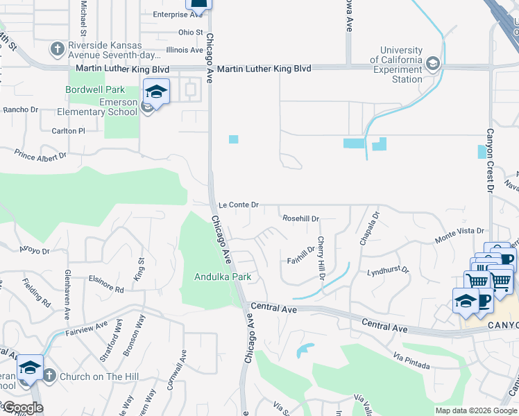 map of restaurants, bars, coffee shops, grocery stores, and more near 5016 Treehill Place in Riverside
