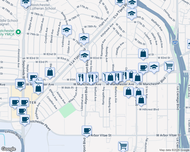 map of restaurants, bars, coffee shops, grocery stores, and more near 8503 Belford Avenue in Los Angeles