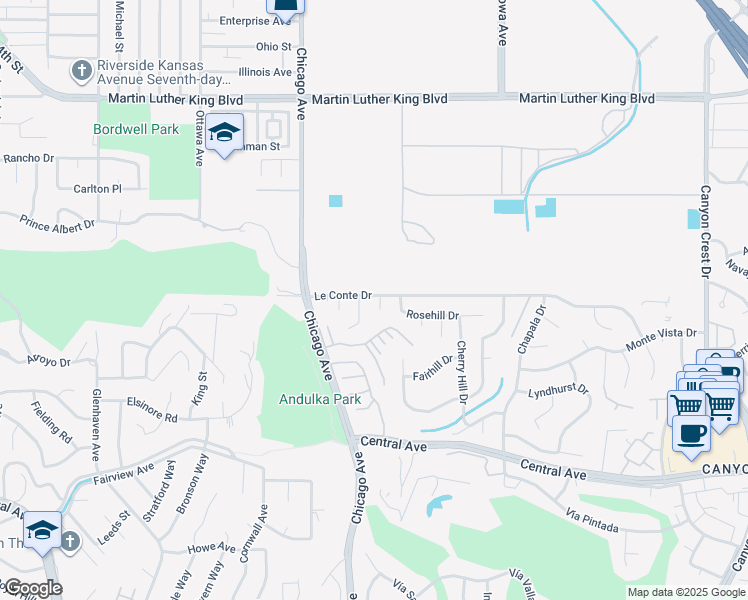 map of restaurants, bars, coffee shops, grocery stores, and more near 5015 Treehill Place in Riverside