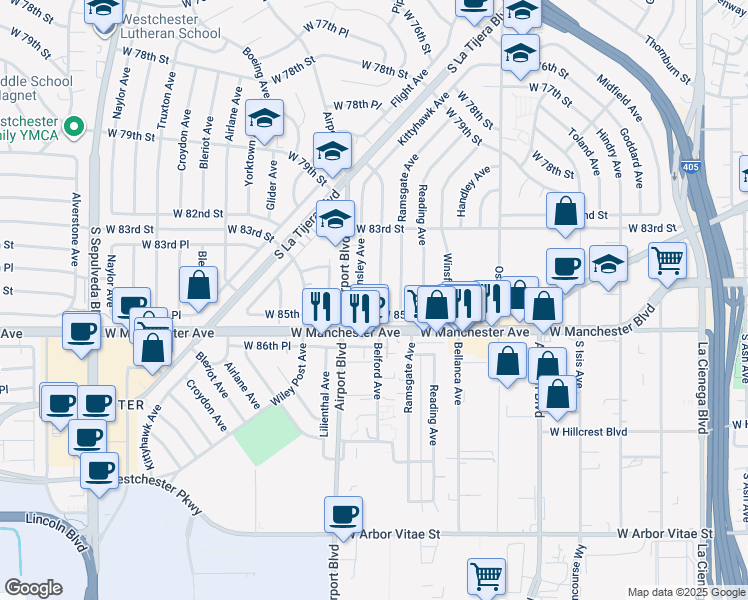 map of restaurants, bars, coffee shops, grocery stores, and more near 8503 Belford Avenue in Los Angeles