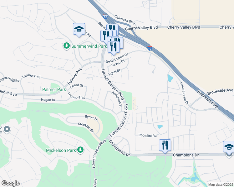 map of restaurants, bars, coffee shops, grocery stores, and more near 35814 Anderson Street in Beaumont