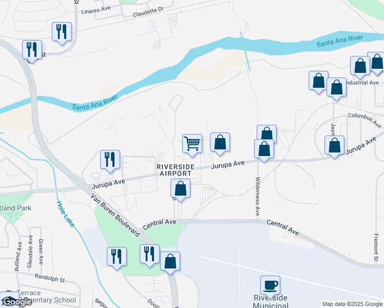 map of restaurants, bars, coffee shops, grocery stores, and more near 5925 Payton Street in Riverside