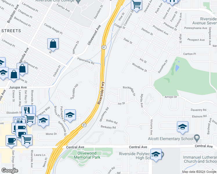 map of restaurants, bars, coffee shops, grocery stores, and more near 4906 Rockledge Drive in Riverside