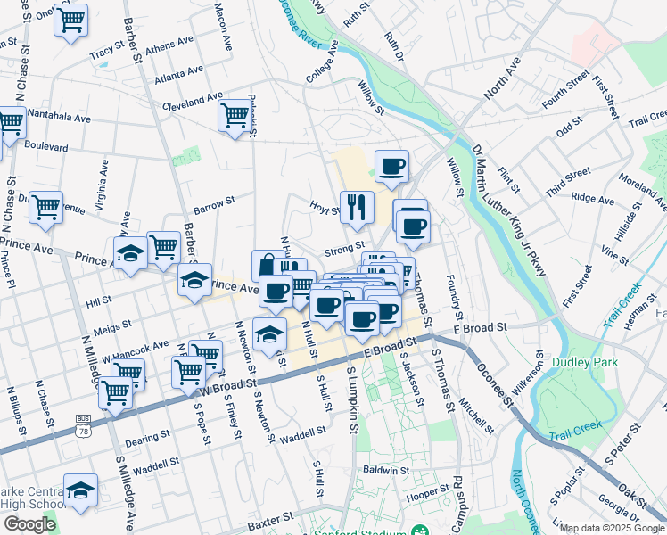 map of restaurants, bars, coffee shops, grocery stores, and more near 165 East Dougherty Street in Athens