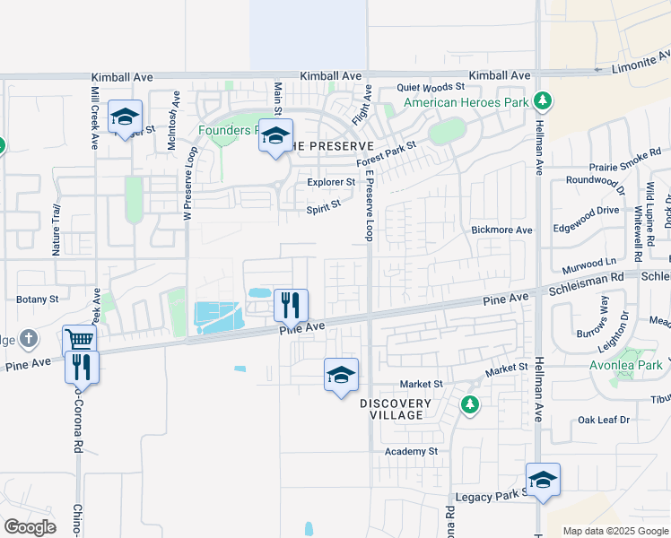 map of restaurants, bars, coffee shops, grocery stores, and more near 16120 Spicebush Lane in Chino