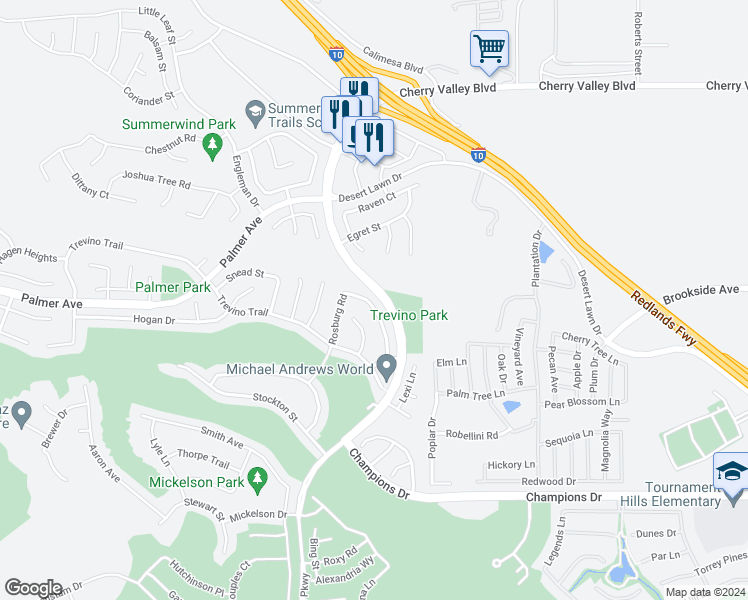 map of restaurants, bars, coffee shops, grocery stores, and more near 35814 Anderson Street in Beaumont