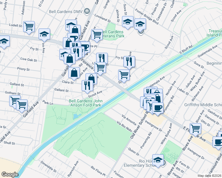 map of restaurants, bars, coffee shops, grocery stores, and more near 6728 Clara Street in Bell Gardens