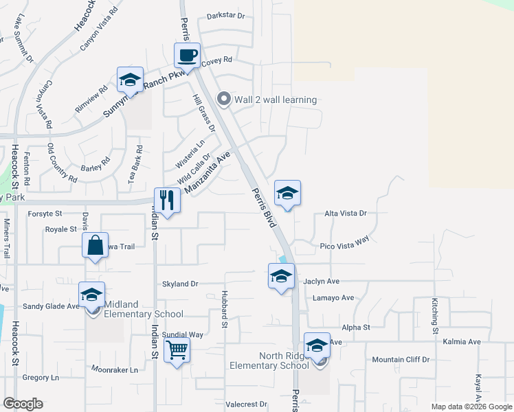 map of restaurants, bars, coffee shops, grocery stores, and more near 24821 Candlenut Court in Moreno Valley