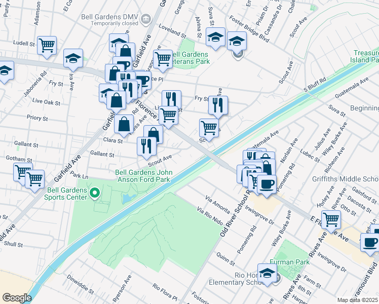 map of restaurants, bars, coffee shops, grocery stores, and more near 6705 Clara Street in Bell Gardens