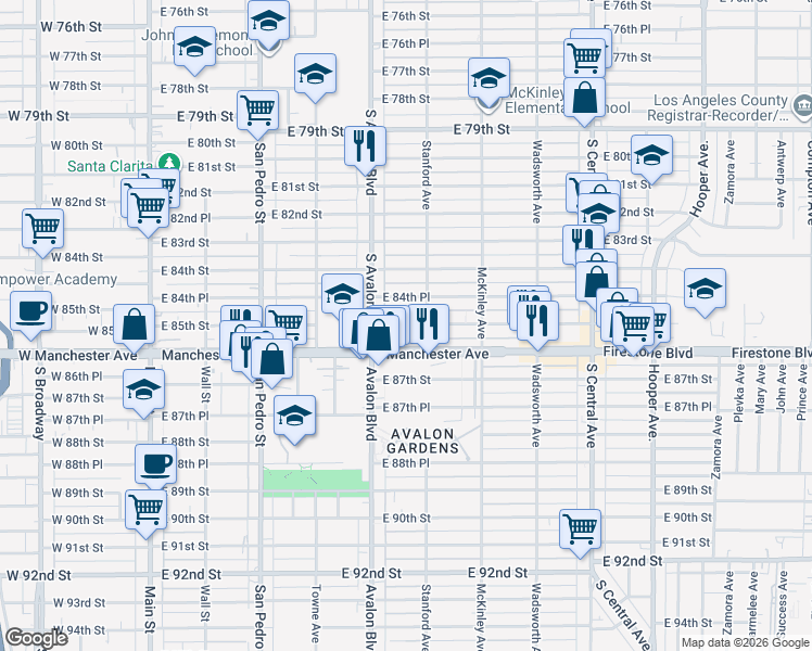 map of restaurants, bars, coffee shops, grocery stores, and more near 617 East 85th Street in Los Angeles