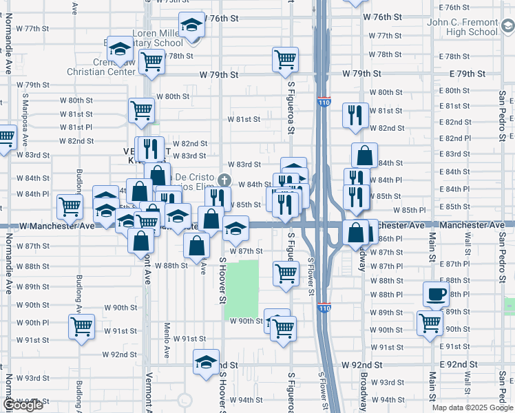map of restaurants, bars, coffee shops, grocery stores, and more near 703 West 85th Street in Los Angeles