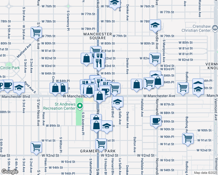 map of restaurants, bars, coffee shops, grocery stores, and more near 1732 West 84th Place in Los Angeles