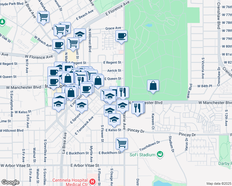 map of restaurants, bars, coffee shops, grocery stores, and more near 632 Manchester Terrace in Inglewood