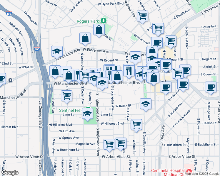 map of restaurants, bars, coffee shops, grocery stores, and more near 314 West Manchester Boulevard in Inglewood