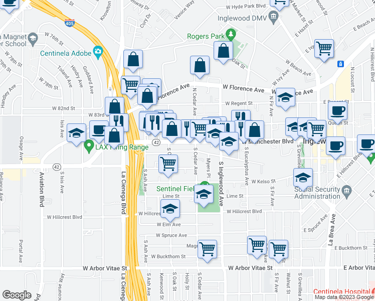 map of restaurants, bars, coffee shops, grocery stores, and more near 522 West Manchester Boulevard in Inglewood
