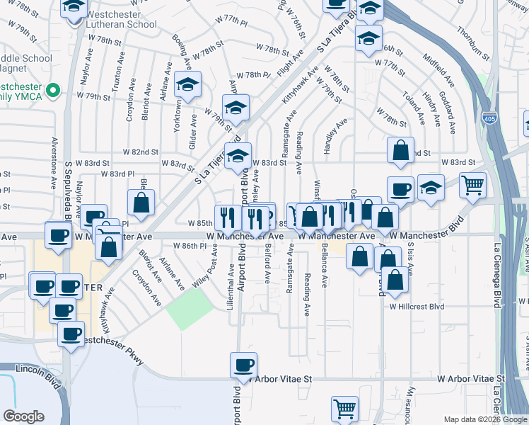 map of restaurants, bars, coffee shops, grocery stores, and more near 8426 Barnsley Avenue in Los Angeles