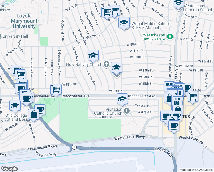map of restaurants, bars, coffee shops, grocery stores, and more near 8373 Westlawn Avenue in Los Angeles