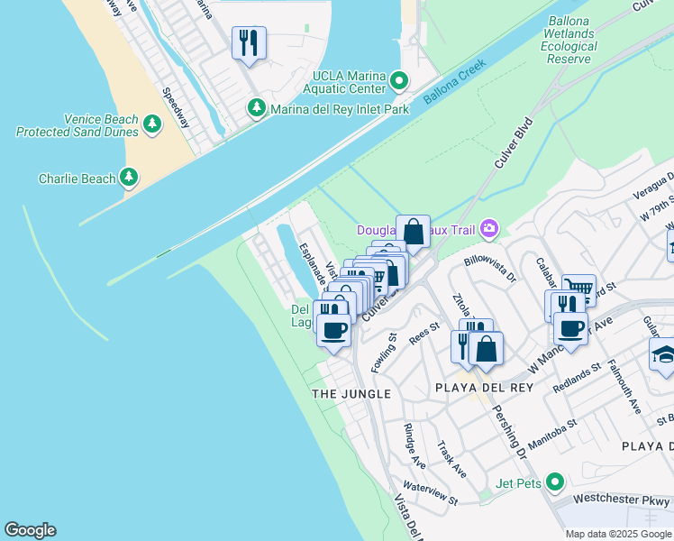 map of restaurants, bars, coffee shops, grocery stores, and more near 6603 Vista Del Mar in Los Angeles