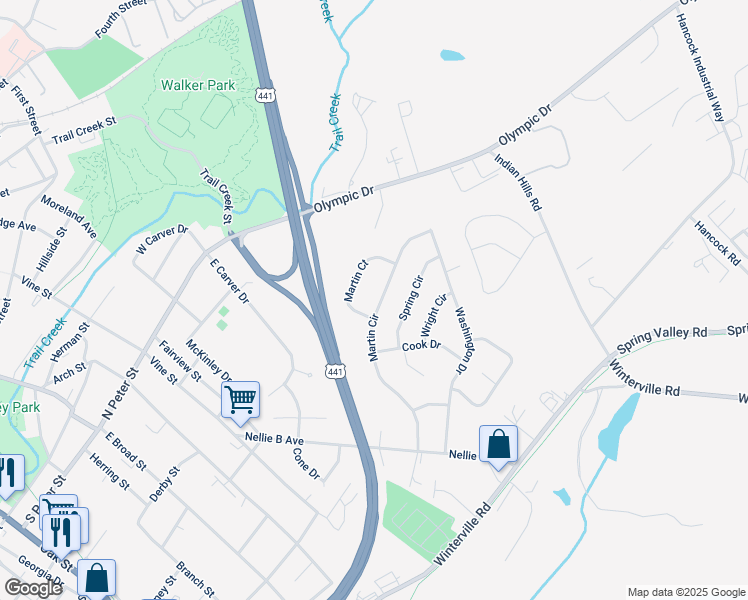 map of restaurants, bars, coffee shops, grocery stores, and more near 375 Martin Circle in Athens