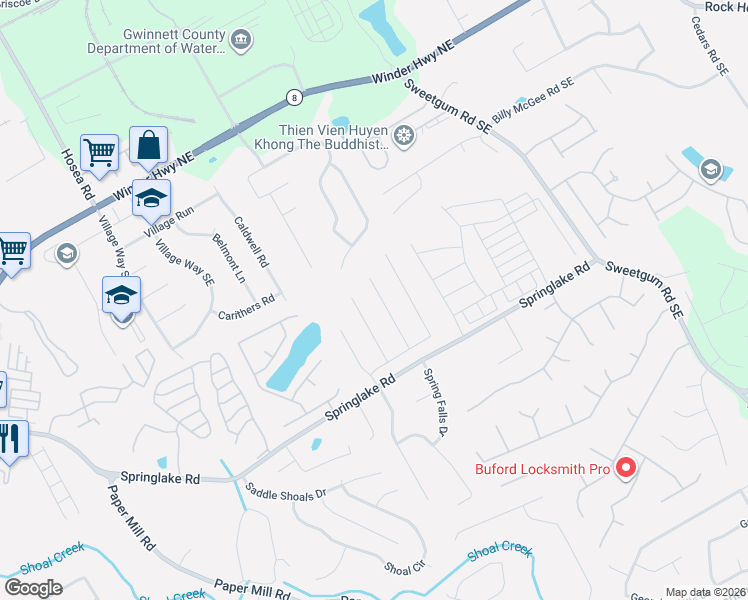 map of restaurants, bars, coffee shops, grocery stores, and more near 134 Ashland Park Court Southeast in Lawrenceville