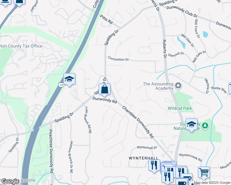 map of restaurants, bars, coffee shops, grocery stores, and more near 5452 Redstone Lane in Dunwoody
