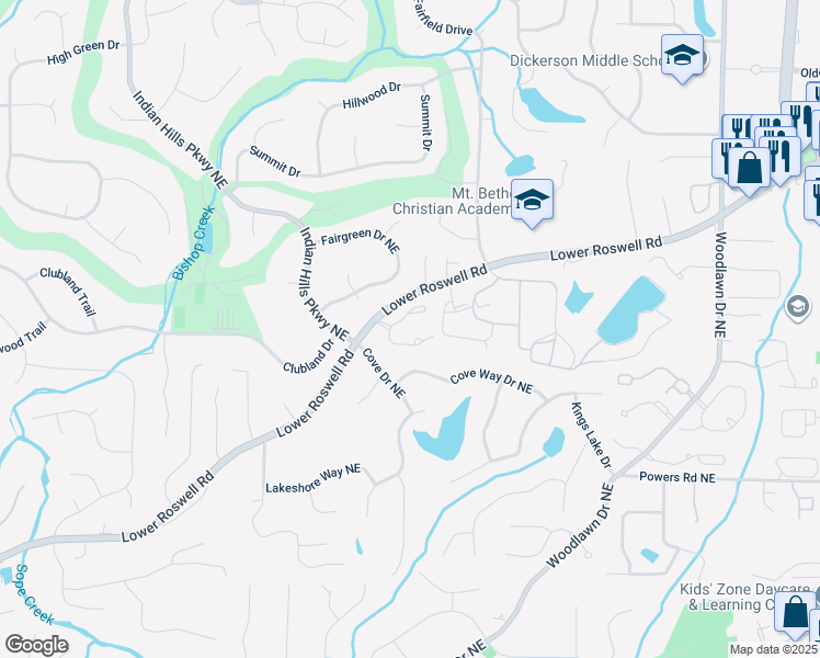 map of restaurants, bars, coffee shops, grocery stores, and more near 4236 Lower Roswell Road in Marietta