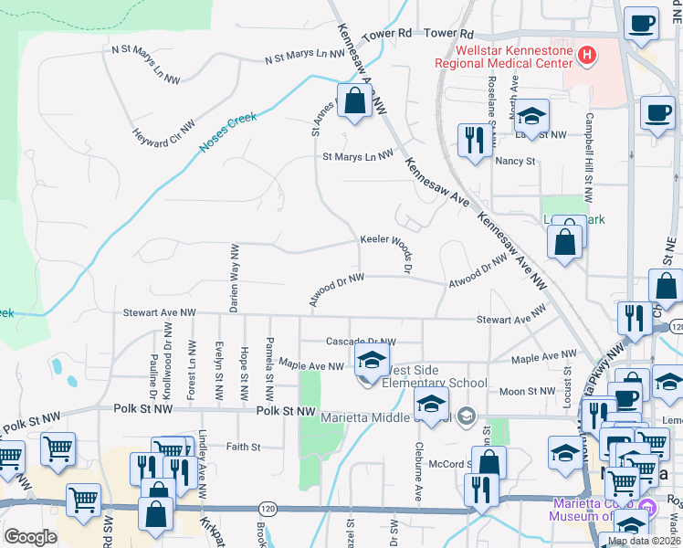 map of restaurants, bars, coffee shops, grocery stores, and more near 394 Atwood Drive Northwest in Marietta