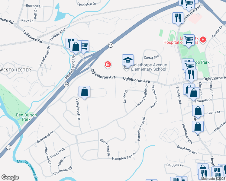 map of restaurants, bars, coffee shops, grocery stores, and more near 130 Breckenridge Lane in Athens