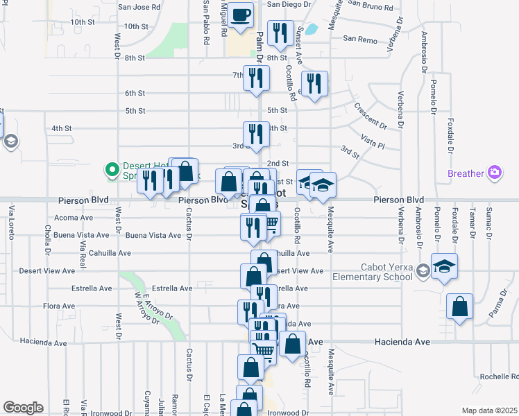 map of restaurants, bars, coffee shops, grocery stores, and more near 12061 Palm Drive in Desert Hot Springs