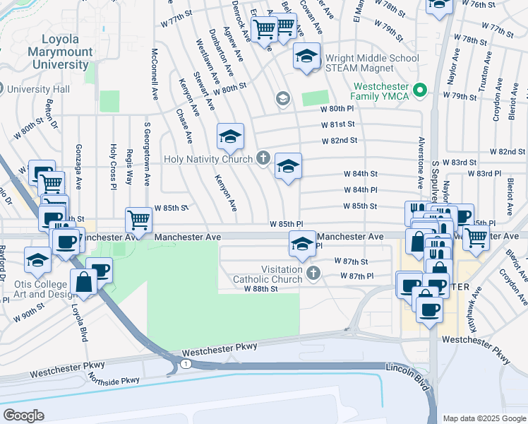 map of restaurants, bars, coffee shops, grocery stores, and more near 8373 Westlawn Avenue in Los Angeles