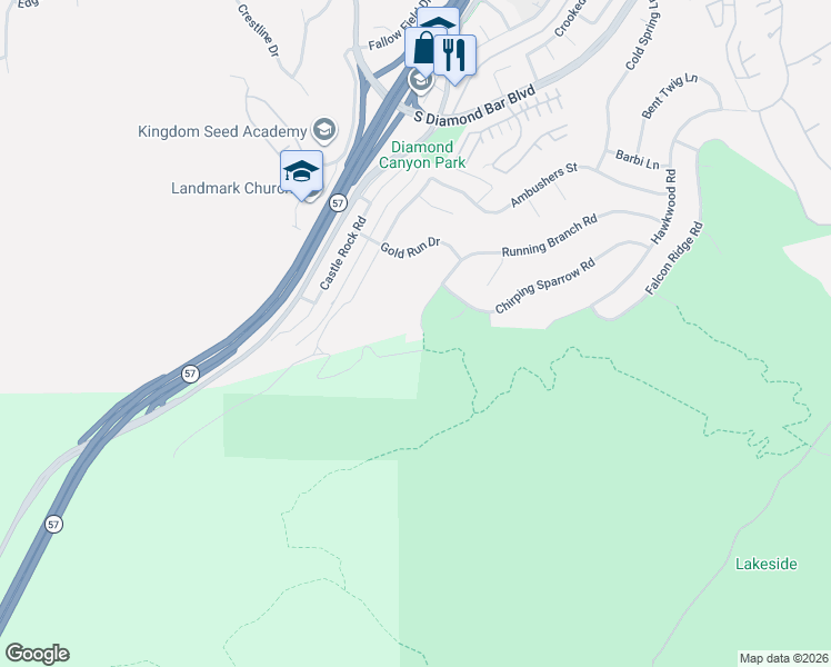 map of restaurants, bars, coffee shops, grocery stores, and more near 20905 Running Branch Road in Diamond Bar