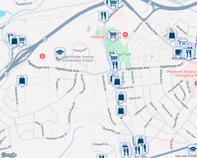 map of restaurants, bars, coffee shops, grocery stores, and more near 955 Oglethorpe Avenue in Athens