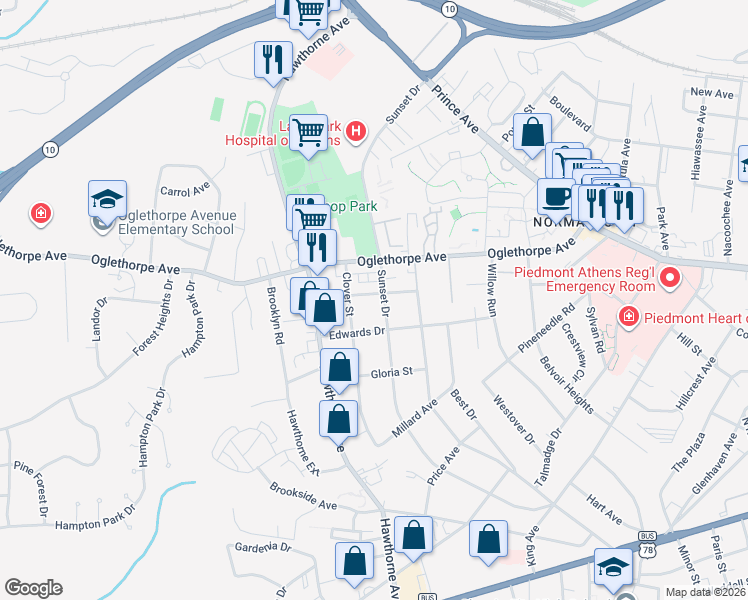 map of restaurants, bars, coffee shops, grocery stores, and more near 645 Sunset Drive in Athens